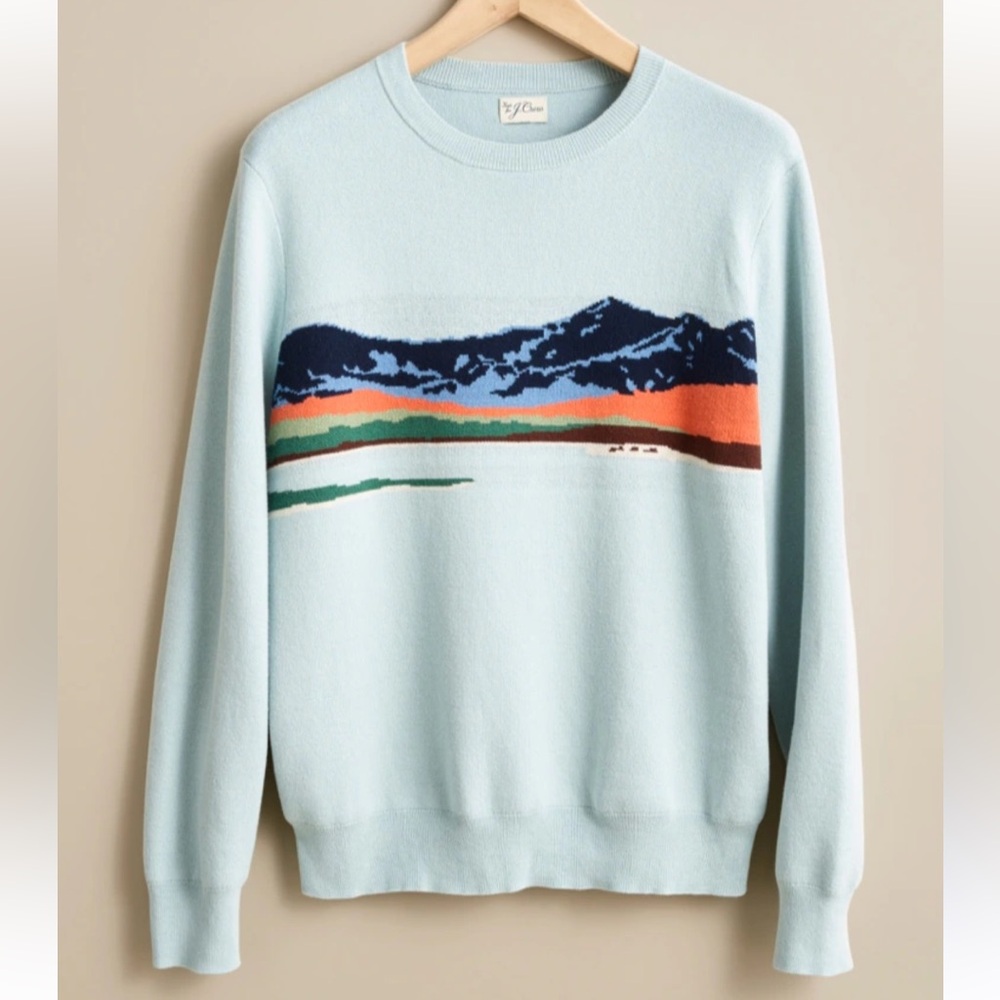 J. Crew light‎ blue cotton knit sweater mountain design landscape size Large